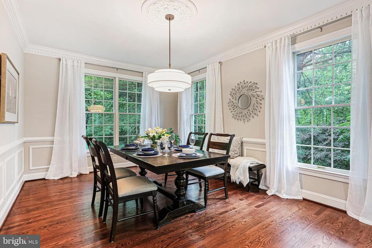 Dining room, Interior, Pendant Lights, Wood Texture Flooring