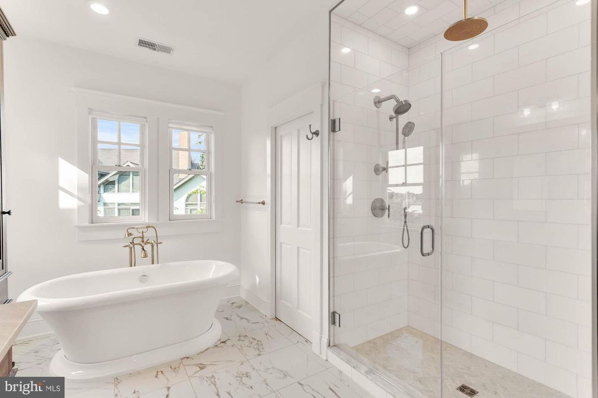 Bathroom, Free Standing Baths, Glass Shower, Interior, Marble, Recessed Lighting