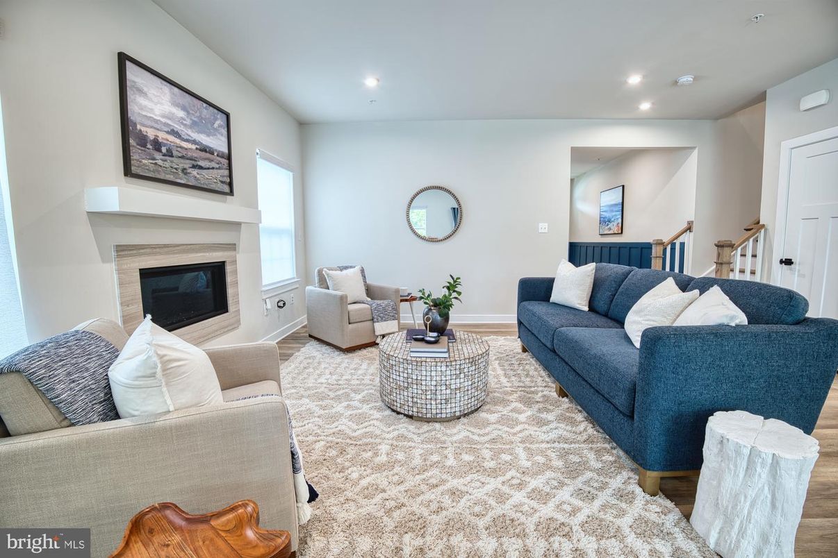 Fireplace, Interior, Living room, Recessed Lighting, Wood Texture Flooring