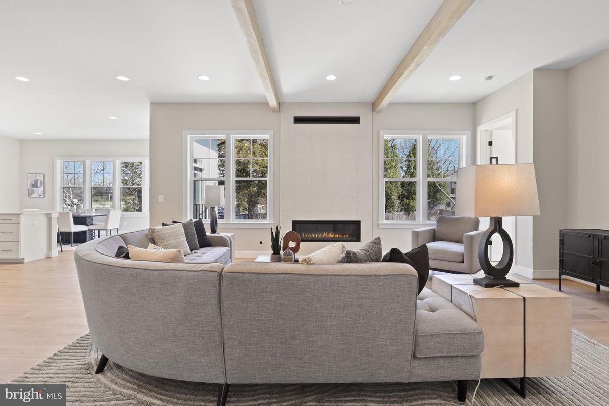 Dining room, Fireplace, Interior, Living room, Recessed Lighting, Wooden Beams, Wood Texture Flooring