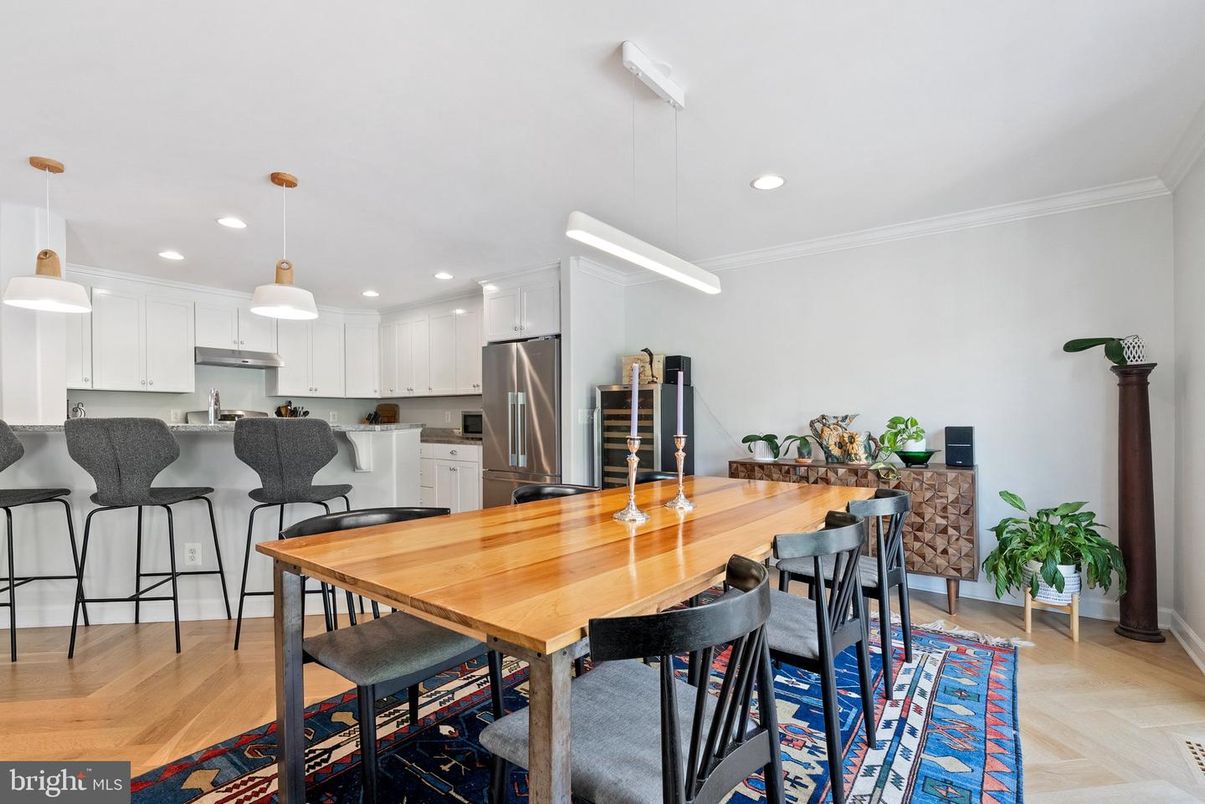 Dining room, Interior, Kitchen, Pendant Lights, Recessed Lighting, Stainless Steel Appliances, Wood Texture Flooring