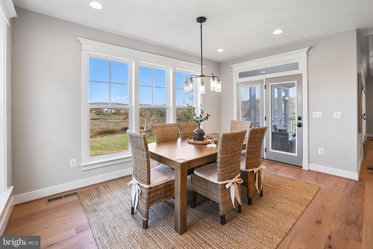 Dining room, Interior, Pendant Lights, Recessed Lighting, Wood Texture Flooring