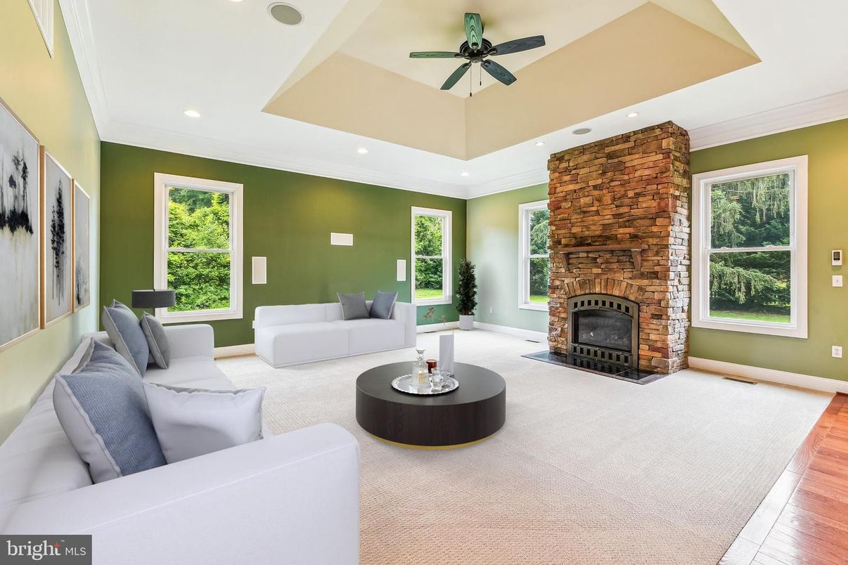Fireplace, Interior, Living room, Recessed Lighting, Stone Walls, Wood Texture Flooring