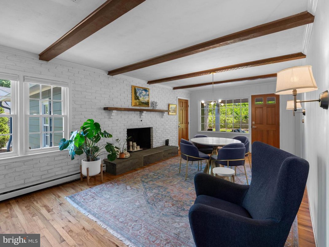 Dining room, Fireplace, Interior, Living room, Pendant Lights, Stone Walls, Wooden Beams, Wood Texture Flooring