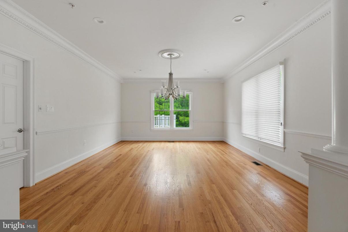Chandelier, Empty room, Interior, Recessed Lighting, Wood Texture Flooring