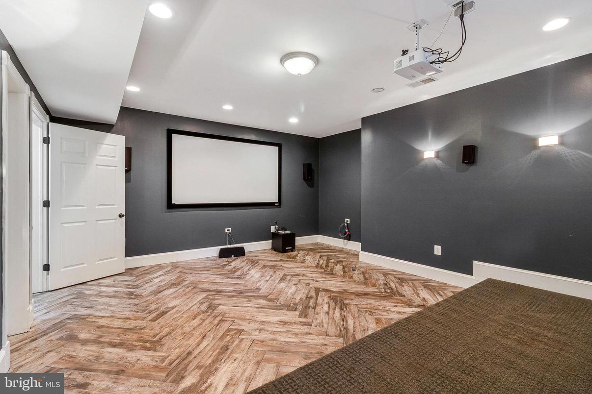 Empty room, Interior, Projection Screen, Recessed Lighting, Wood Texture Flooring
