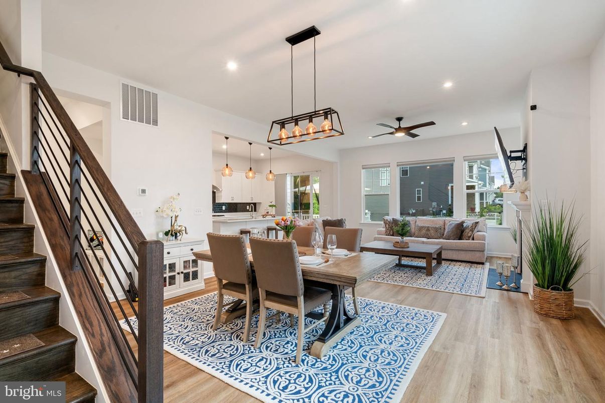 Dining room, Fireplace, Interior, Kitchen, Living room, Pendant Lights, Recessed Lighting, Wood Texture Flooring