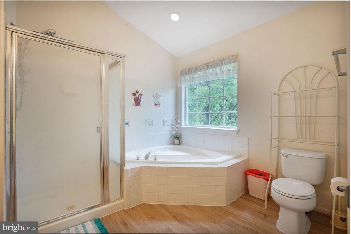 Bathroom, Glass Shower, Interior, Recessed Lighting, Wood Texture Flooring