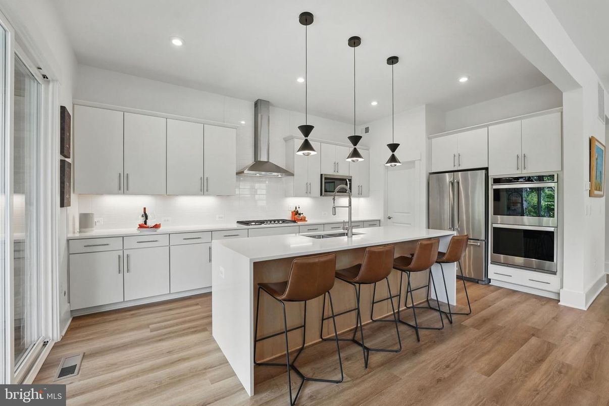 Interior, Kitchen, Pendant Lights, Recessed Lighting, Stainless Steel Appliances, Wood Texture Flooring