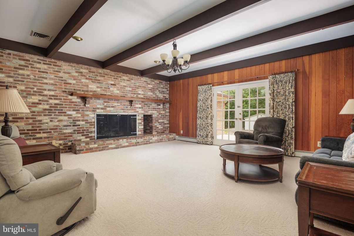 Chandelier, Fireplace, Interior, Stone Walls, Wooden Beams