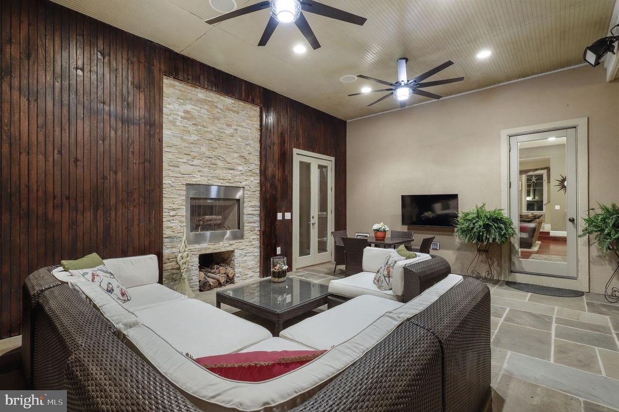 Fireplace, Interior, Living room, Recessed Lighting, Stone Walls, Wooden Walls