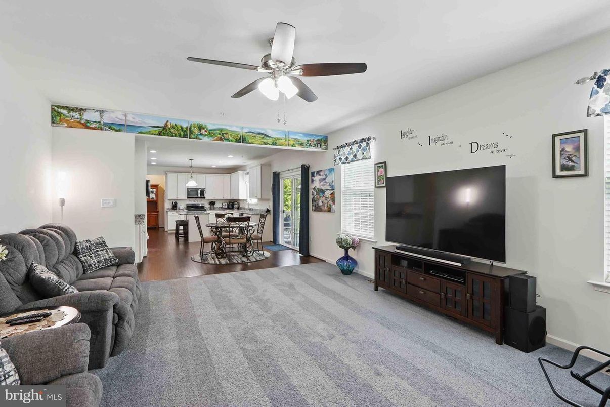 Dining room, Interior, Kitchen, Living room, Recessed Lighting, Stainless Steel Appliances, Wood Texture Flooring