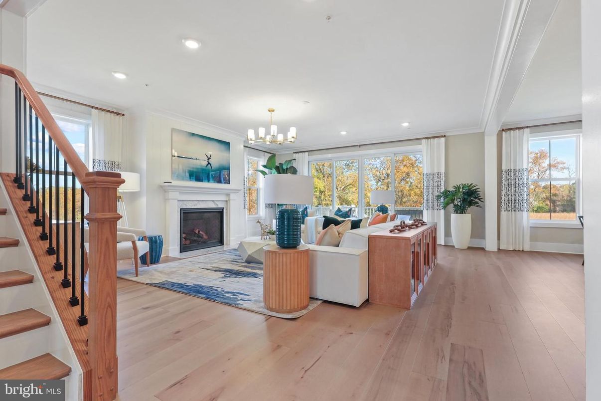 Chandelier, Fireplace, Interior, Living room, Recessed Lighting, Wood Texture Flooring
