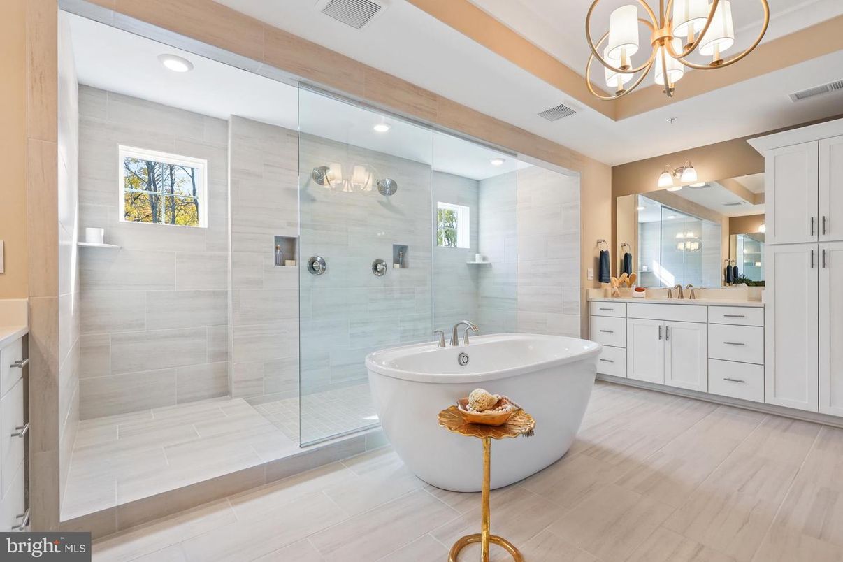 Bathroom, Free Standing Baths, Glass Shower, Interior, Recessed Lighting, Wood Texture Flooring
