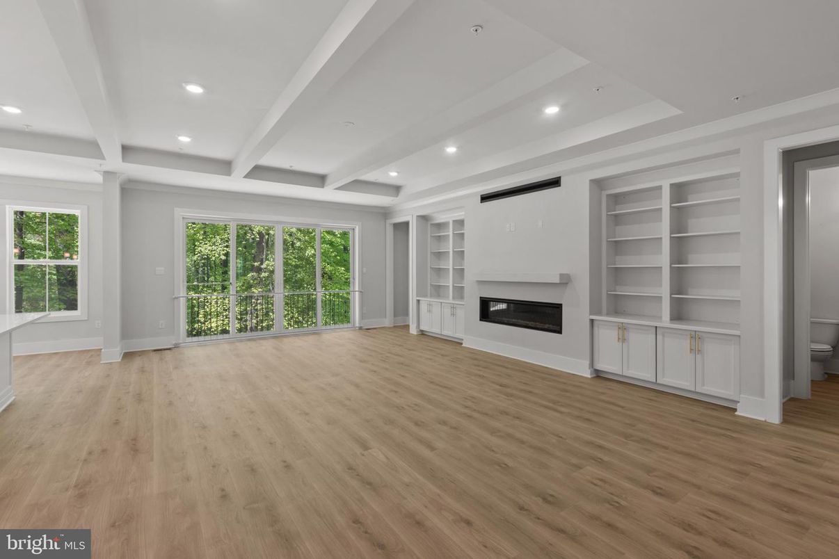 Empty room, Fireplace, Interior, Recessed Lighting, Wood Texture Flooring