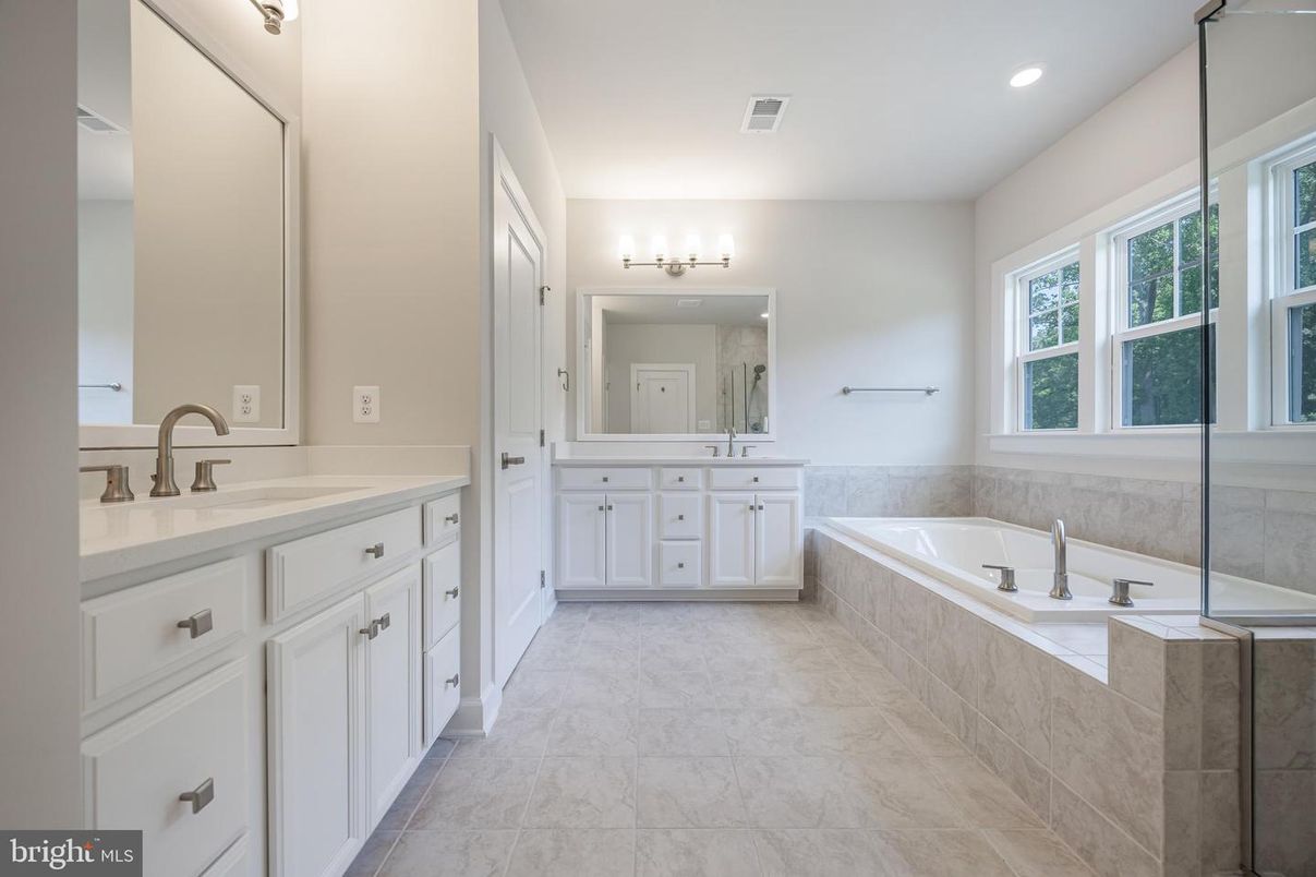 Bathroom, Dual Sink Vanities, Interior, Marble, Recessed Lighting