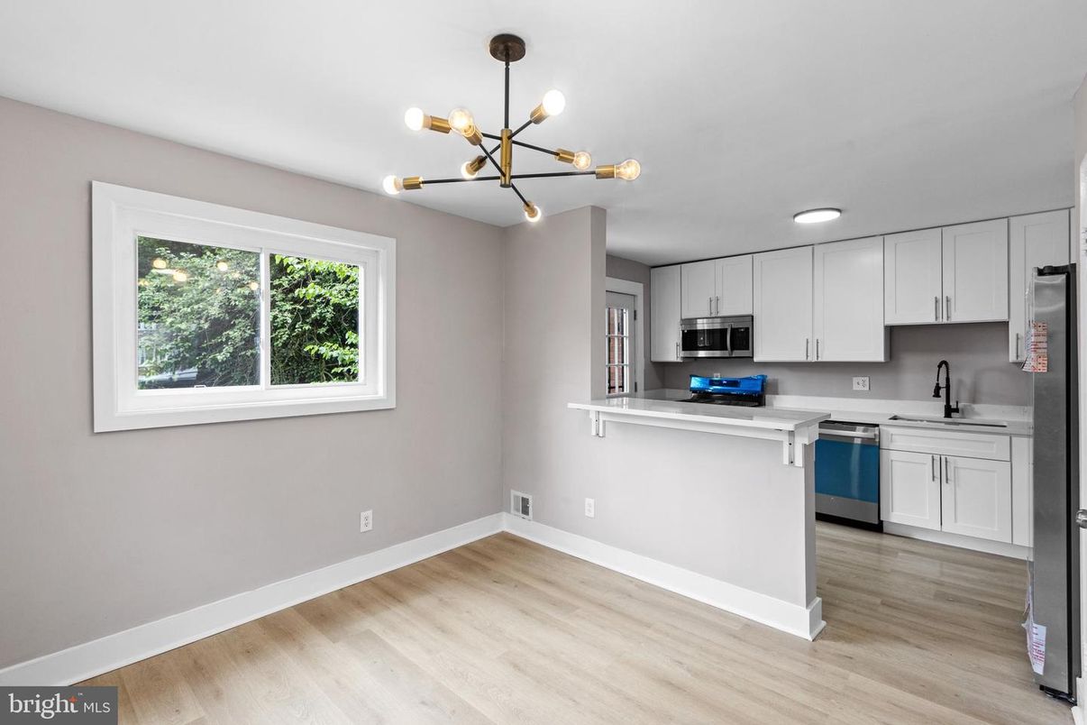 Interior, Kitchen, Pendant Lights, Stainless Steel Appliances, Wood Texture Flooring