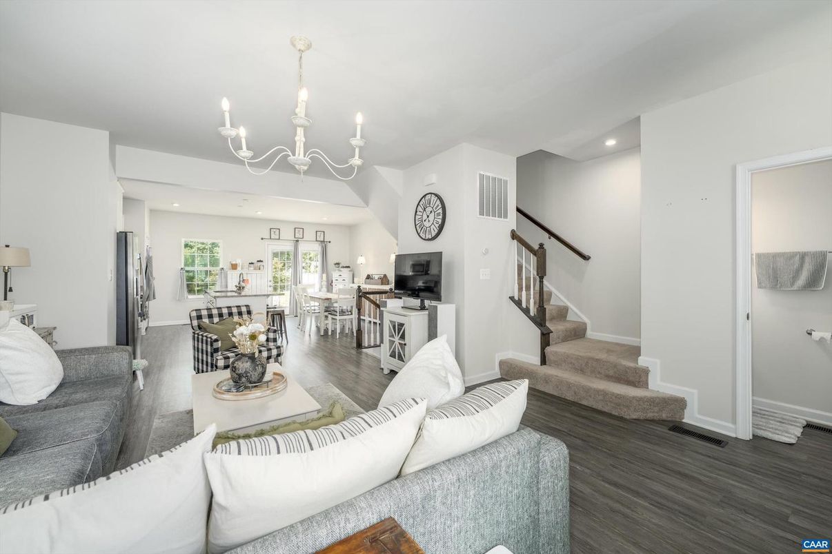 Chandelier, Dining room, Interior, Living room, Recessed Lighting, Wood Texture Flooring