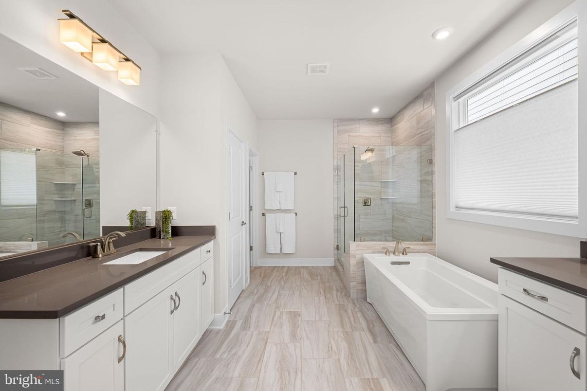 Bathroom, Dual Sink Vanities, Glass Shower, Interior, Recessed Lighting