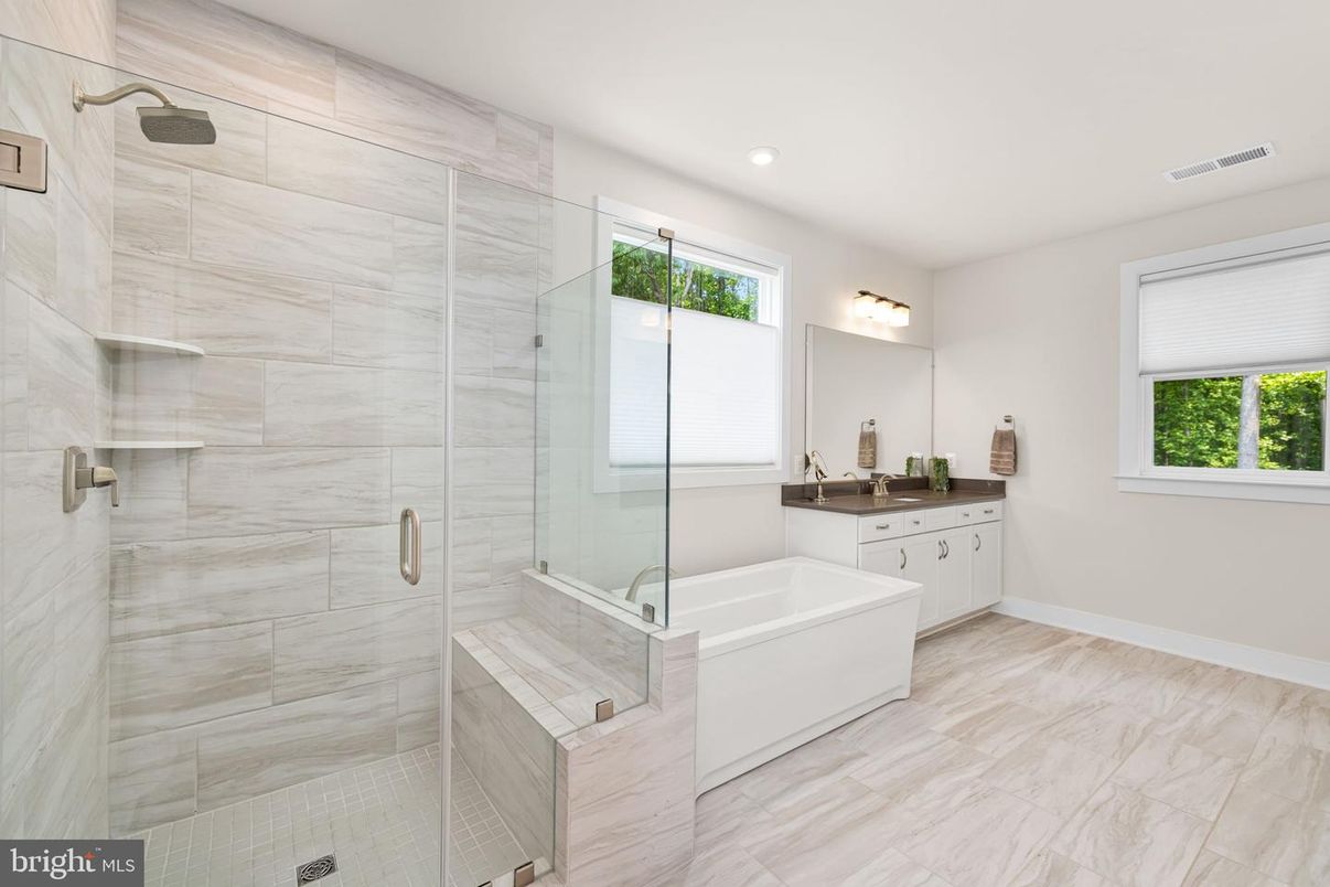 Bathroom, Glass Shower, Interior, Marble, Marble Walls, Recessed Lighting