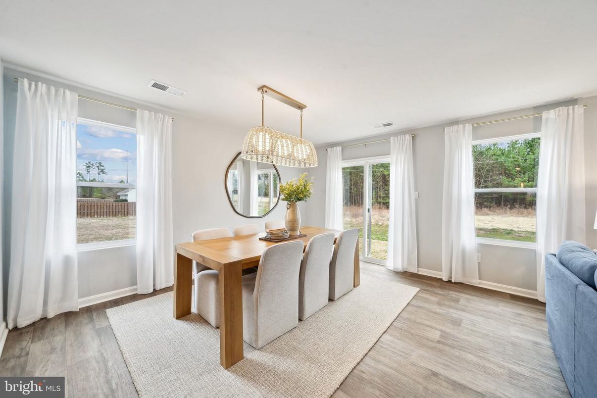 Dining room, Interior, Pendant Lights, Wood Texture Flooring