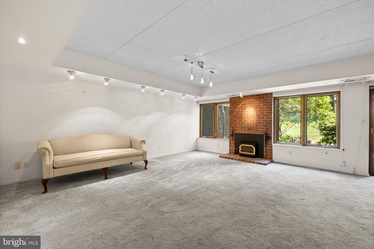 Empty room, Fireplace, Interior, Recessed Lighting, Stone Walls