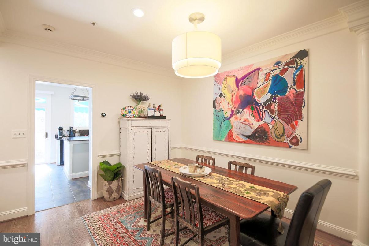 Dining room, Interior, Recessed Lighting, Wood Texture Flooring