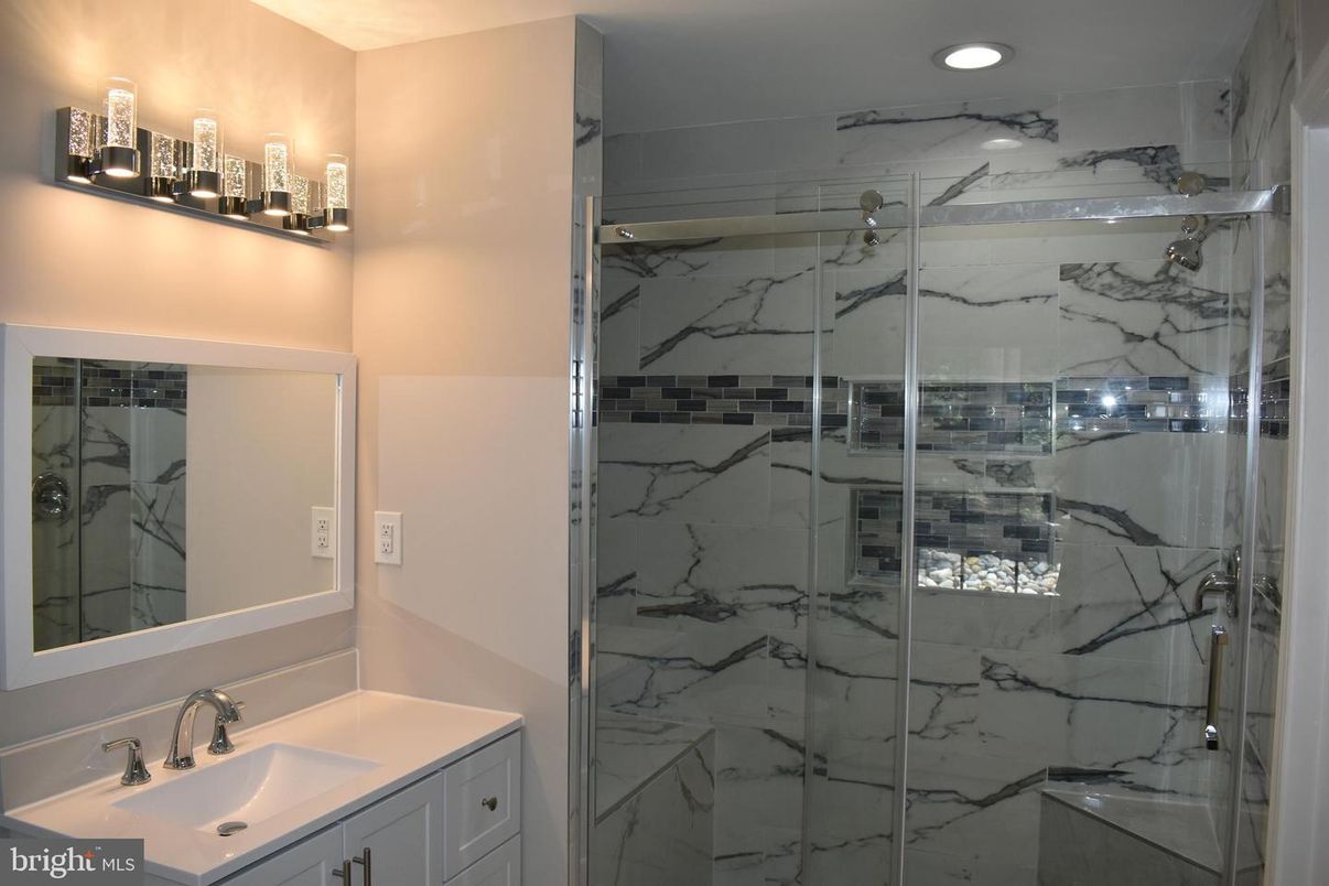 Bathroom, Glass Shower, Interior, Marble Walls, Recessed Lighting