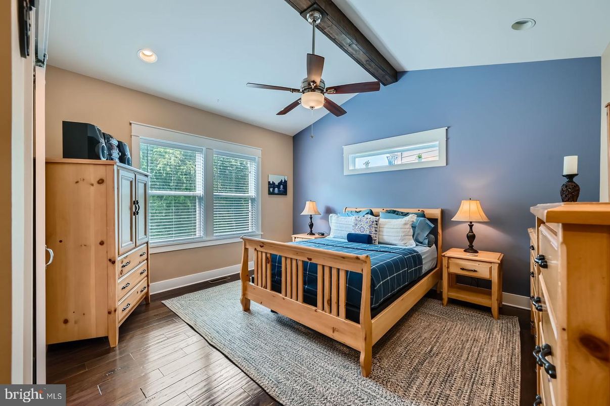 Bedroom, Interior, Recessed Lighting, Wooden Beams, Wood Texture Flooring