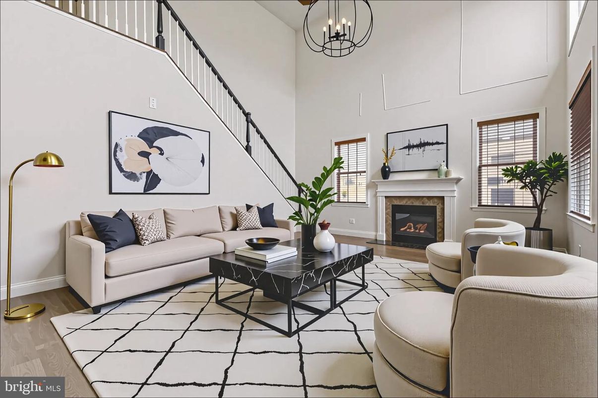 Chandelier, Fireplace, Interior, Living room, Pendant Lights, Wood Texture Flooring