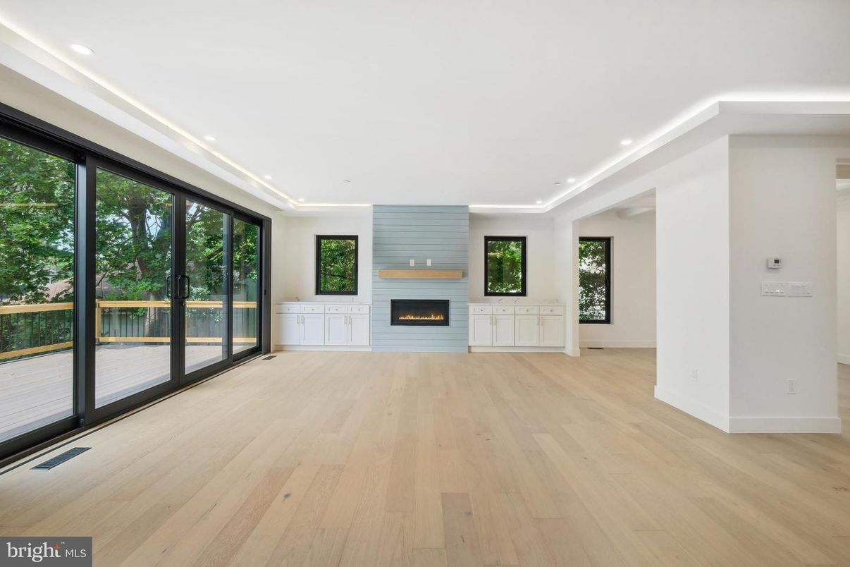 Empty room, Fireplace, Interior, Recessed Lighting, Wood Texture Flooring