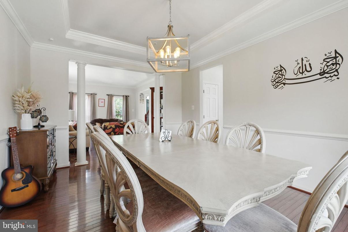 Dining room, Interior, Pendant Lights, Wood Texture Flooring
