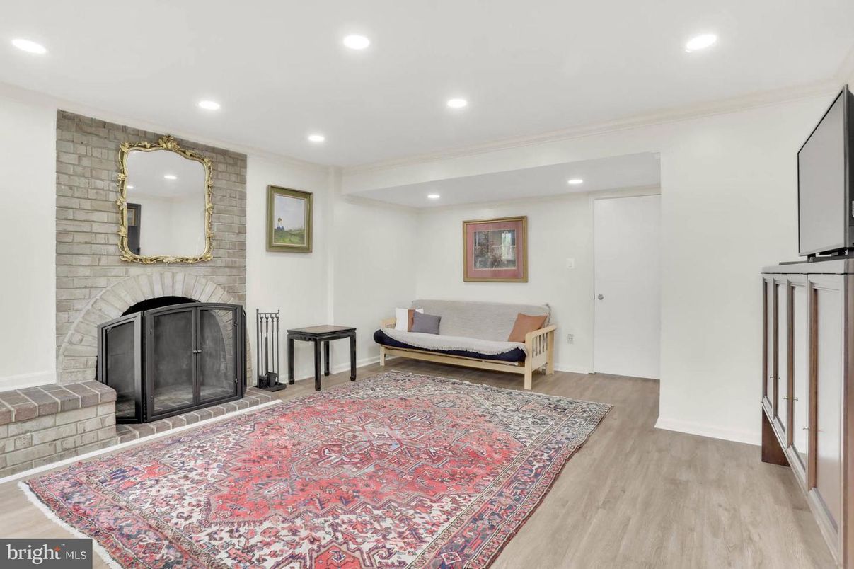 Fireplace, Interior, Recessed Lighting, Stone Walls, Wood Texture Flooring