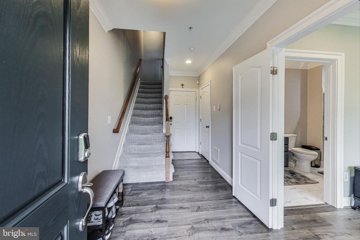 Bathroom, Interior, Marble, Recessed Lighting, Wood Texture Flooring