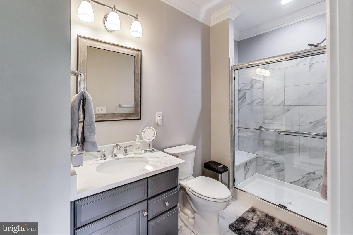Bathroom, Glass Shower, Interior, Marble Walls, Recessed Lighting