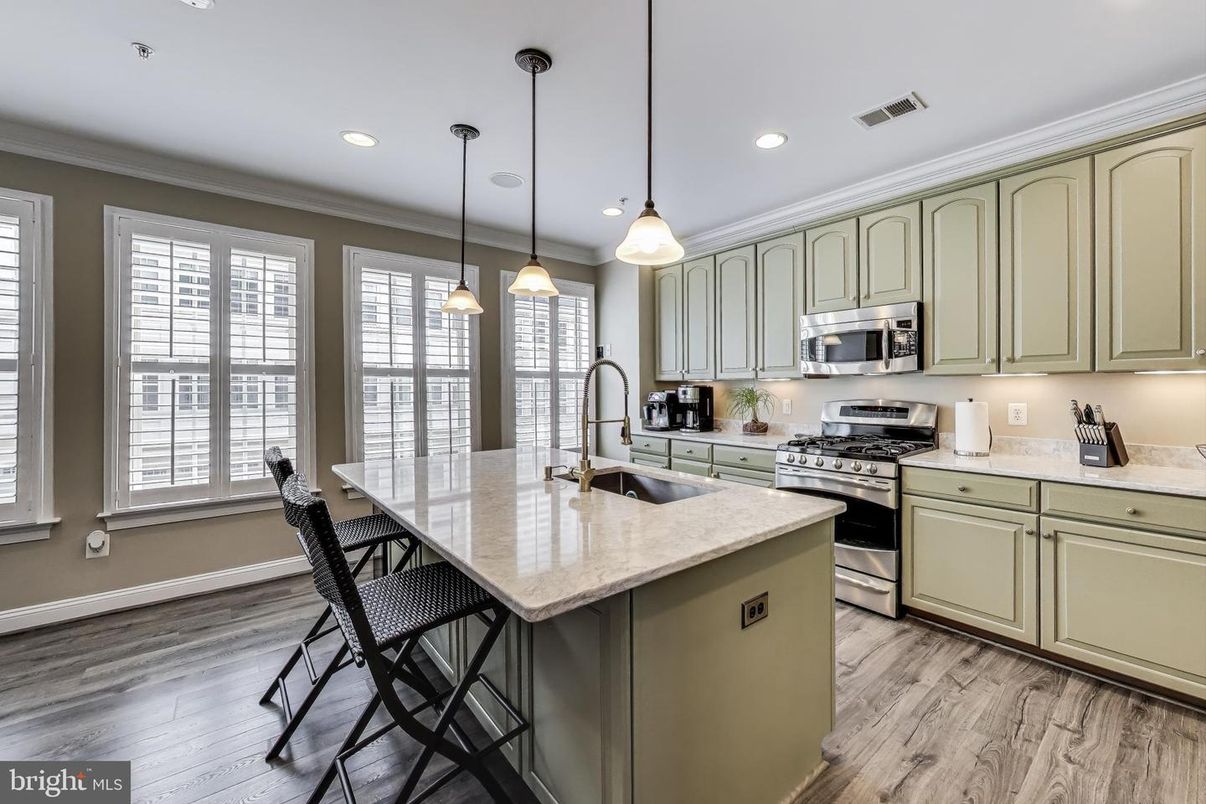 Interior, Kitchen, Pendant Lights, Recessed Lighting, Stainless Steel Appliances, Wood Texture Flooring