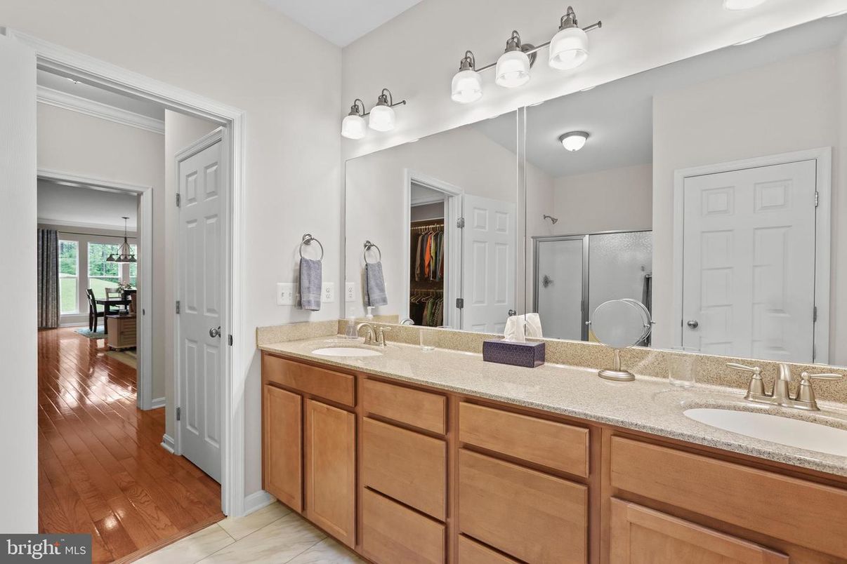 Bathroom, Dual Sink Vanities, Glass Shower, Interior, Wood Texture Flooring