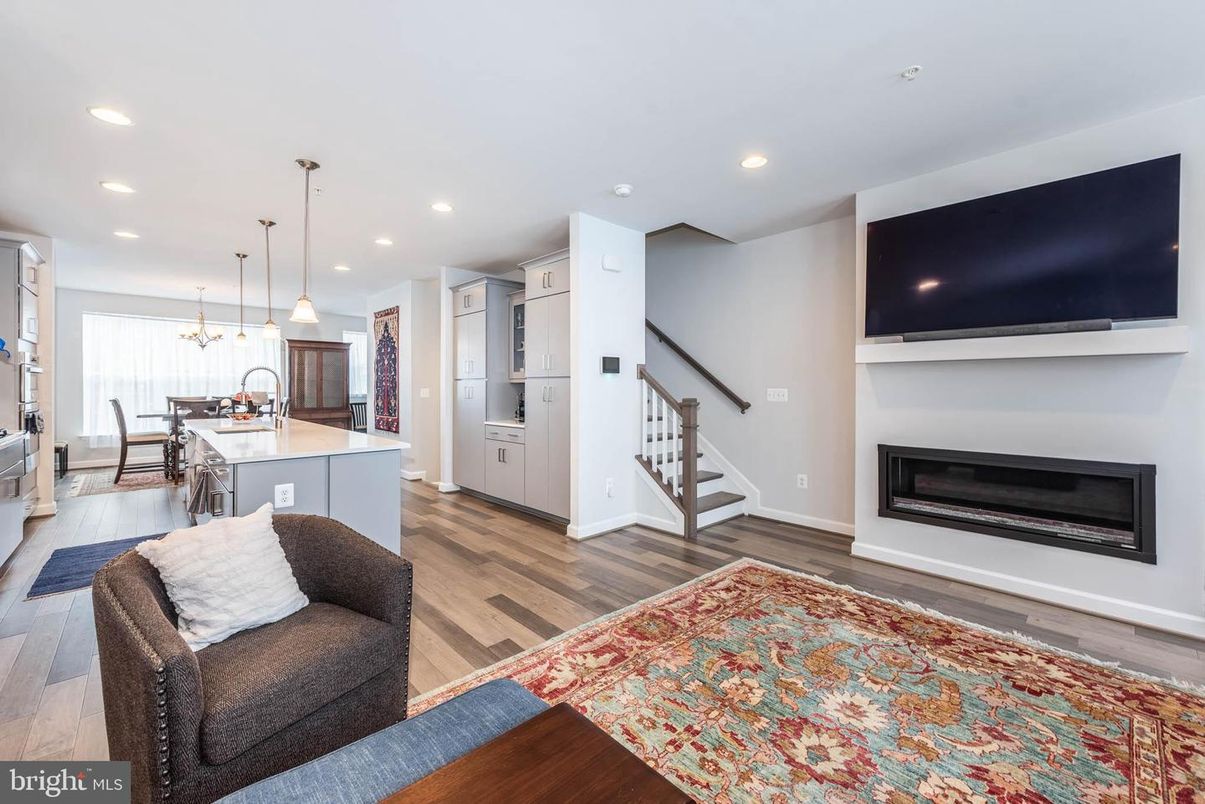 Dining room, Fireplace, Interior, Kitchen, Pendant Lights, Recessed Lighting, Wood Texture Flooring
