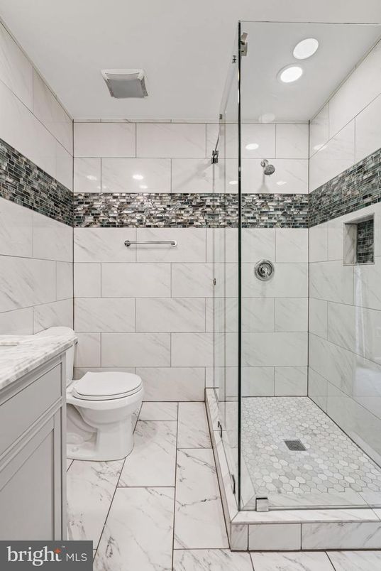 Bathroom, Glass Shower, Interior, Marble, Marble Walls, Recessed Lighting
