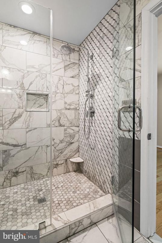 Bathroom, Glass Shower, Interior, Marble, Marble Walls, Recessed Lighting