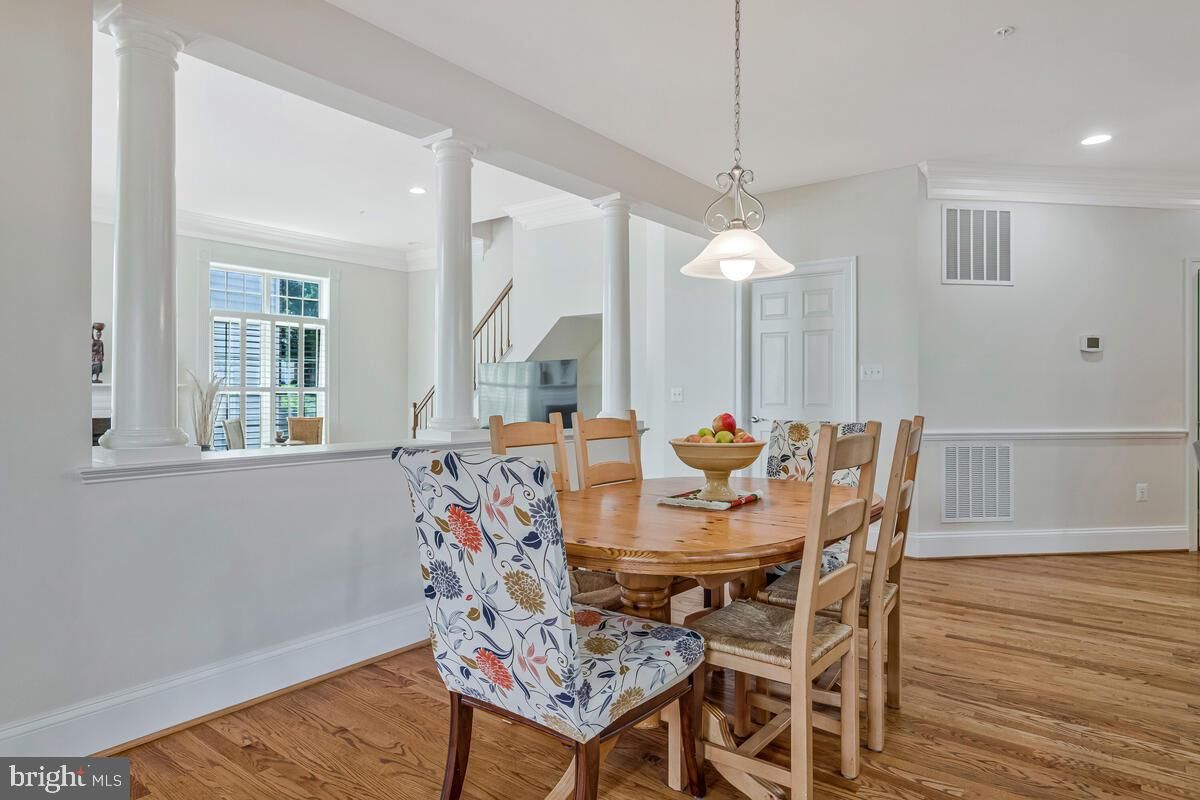 Dining room, Interior, Pendant Lights, Recessed Lighting, Wood Texture Flooring