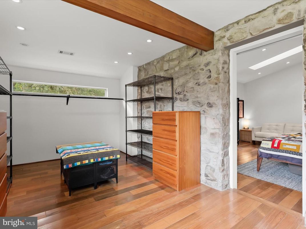 Bedroom, Interior, Recessed Lighting, Stone Walls, Wooden Beams, Wood Texture Flooring