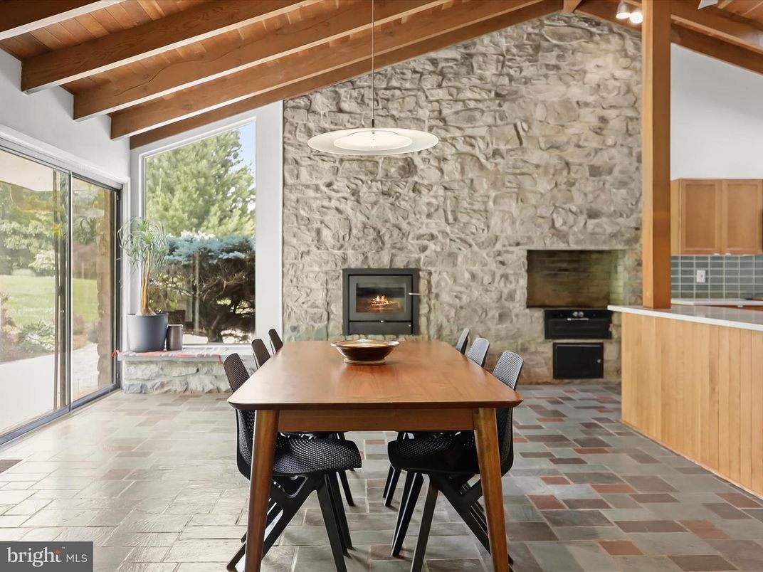 Dining room, Fireplace, Interior, Pendant Lights, Stone Walls, Wooden Beams, Wooden Ceilings