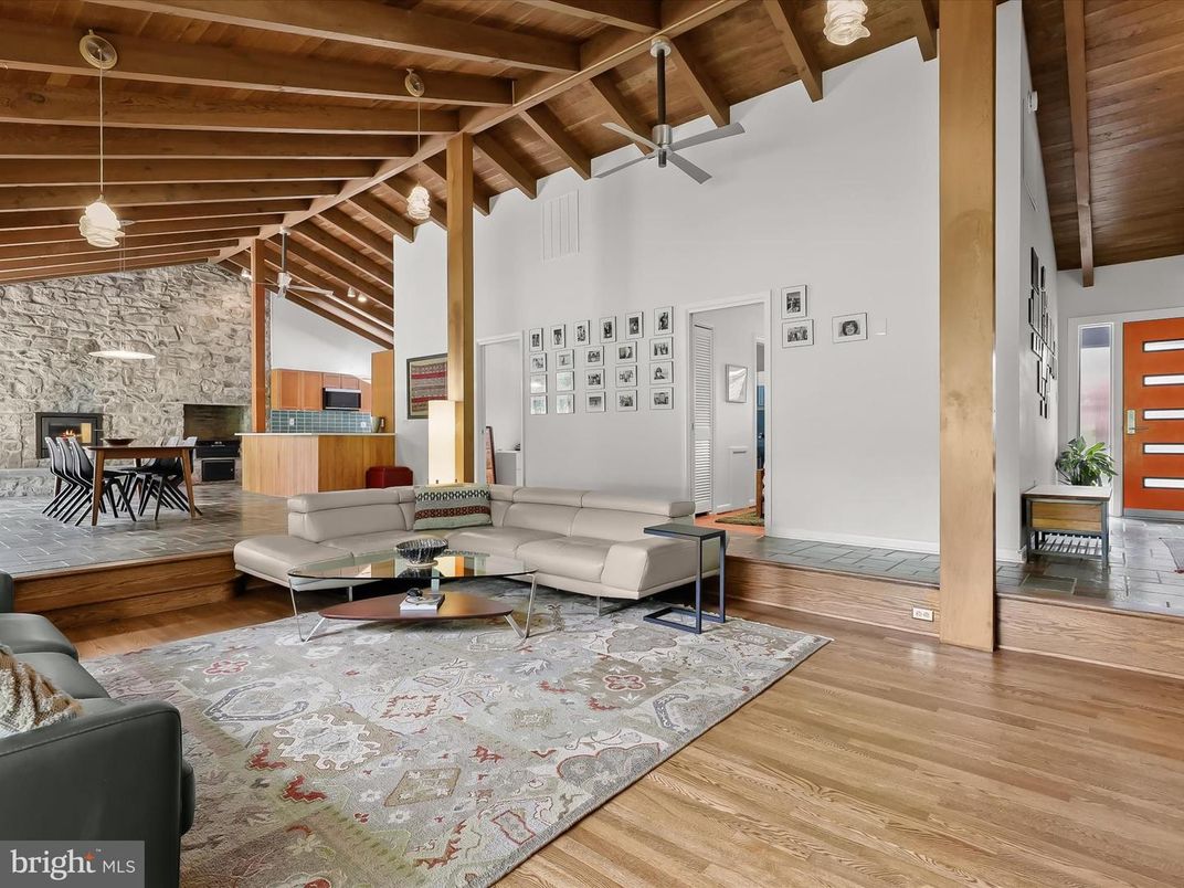 Dining room, Fireplace, Interior, Living room, Pendant Lights, Stone Walls, Wooden Beams, Wooden Ceilings, Wood Texture Flooring