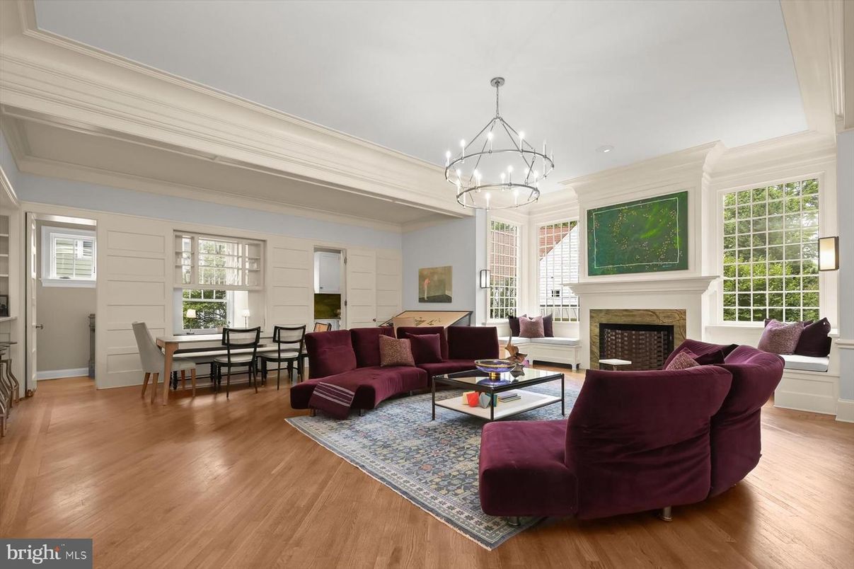 Chandelier, Dining room, Fireplace, Interior, Living room, Pendant Lights, Wood Texture Flooring