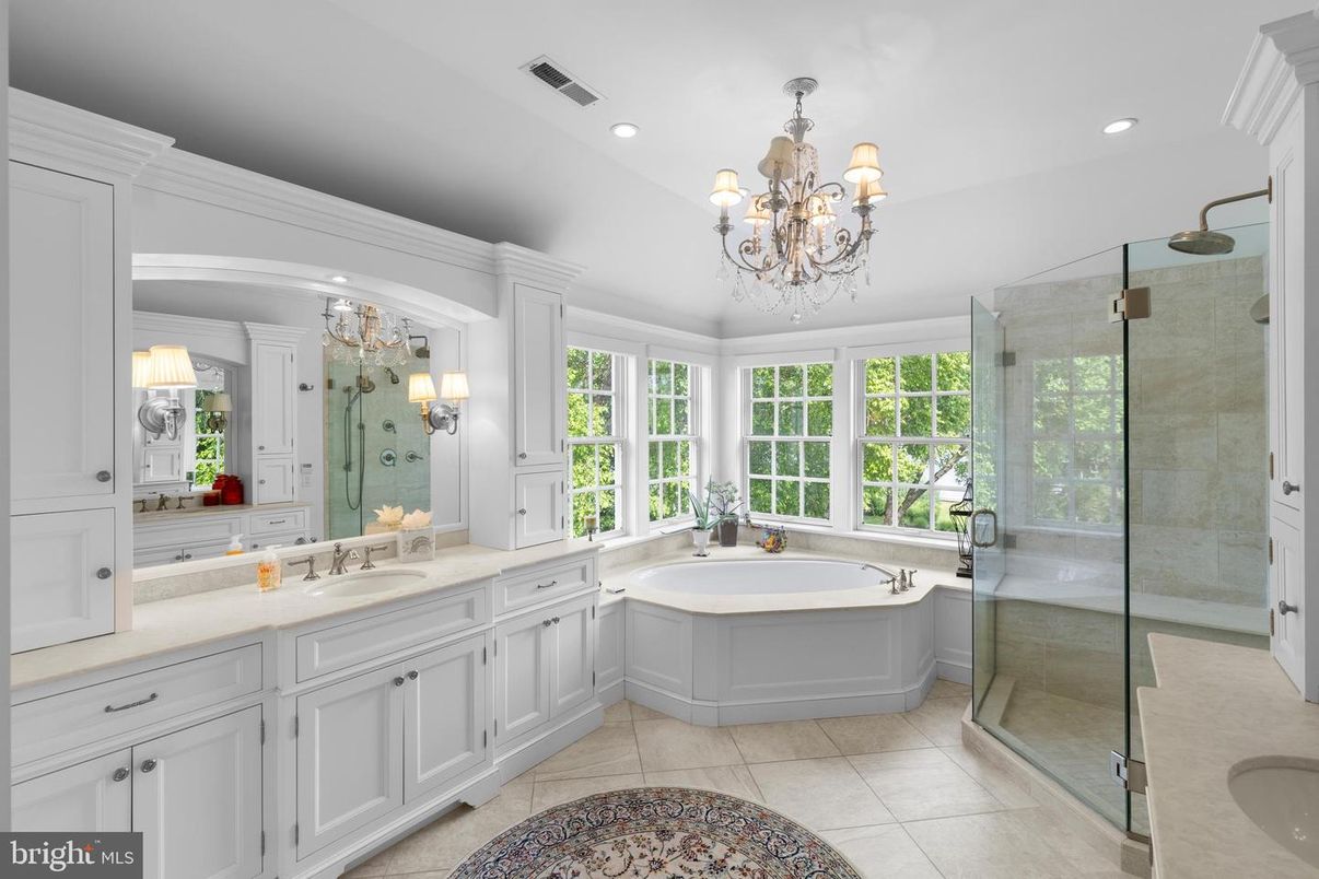 Bathroom, Chandelier, Dual Sink Vanities, Glass Shower, Interior, Recessed Lighting