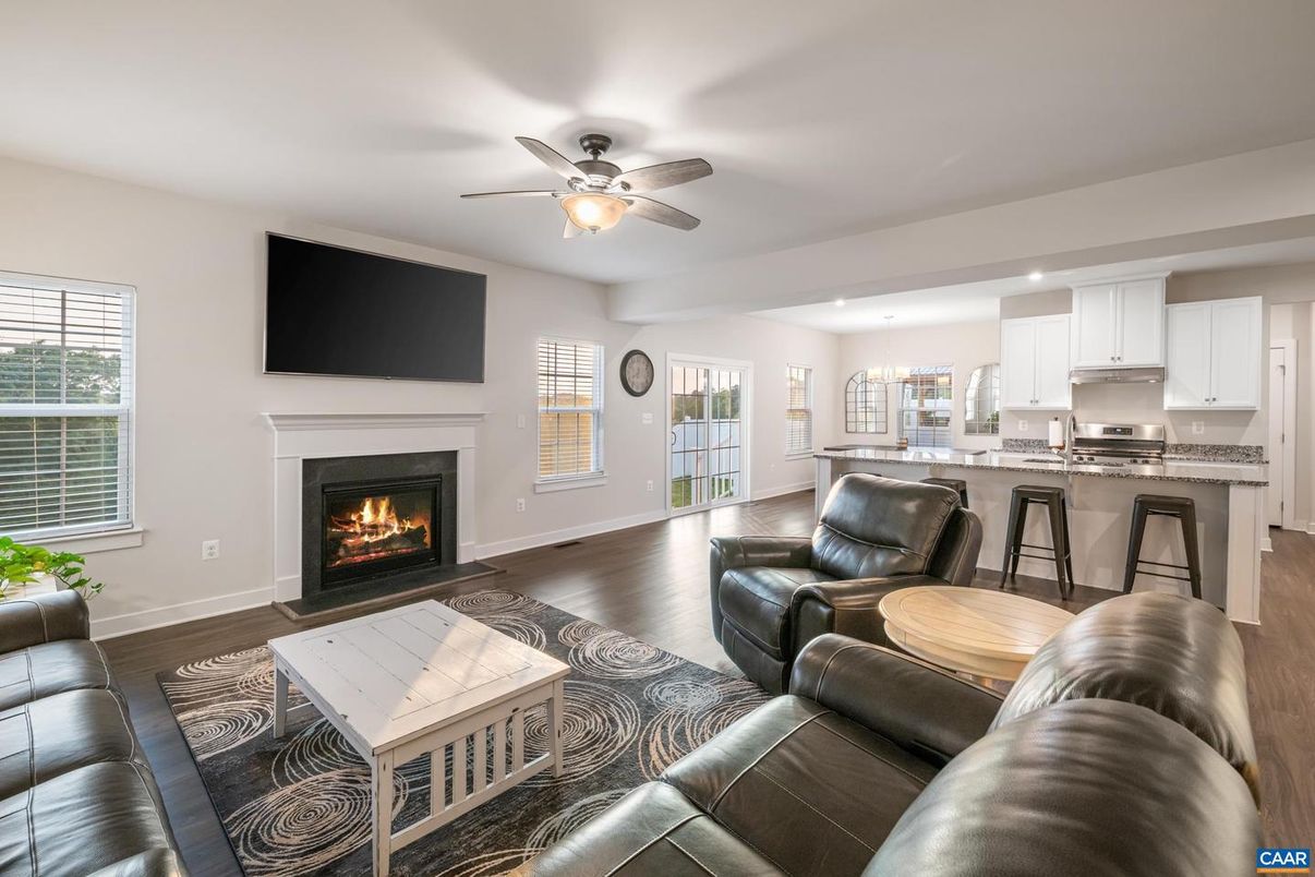 Fireplace, Interior, Kitchen, Living room, Recessed Lighting, Wood Texture Flooring