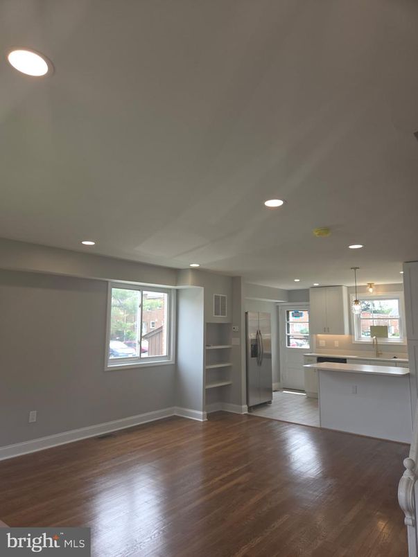 Empty room, Interior, Kitchen, Pendant Lights, Recessed Lighting, Wood Texture Flooring