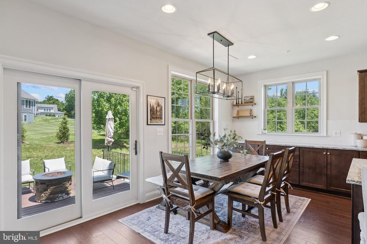 Dining room, Interior, Pendant Lights, Recessed Lighting, Wood Texture Flooring