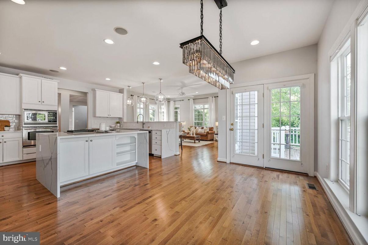 Chandelier, Interior, Kitchen, Pendant Lights, Recessed Lighting, Wood Texture Flooring